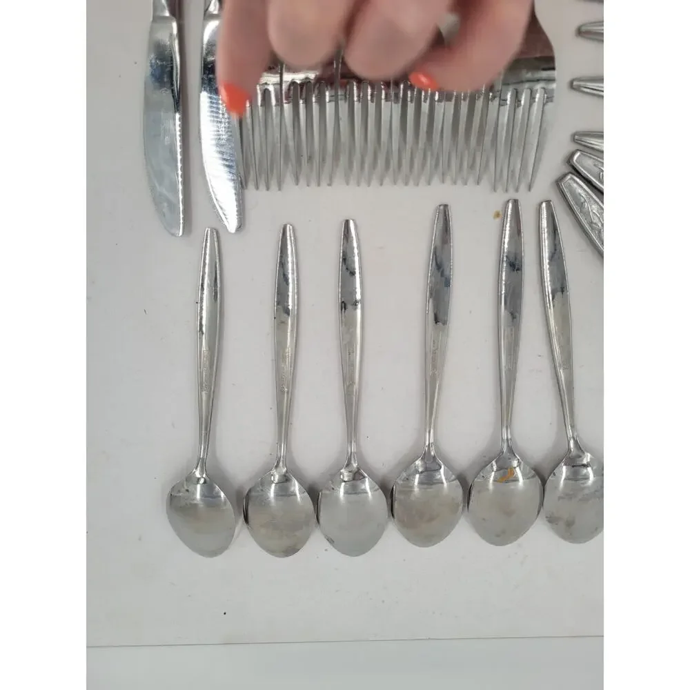 Eldan ELD18 Stainless Flatware Set Japan Roses Textured 24 Pc Tableware